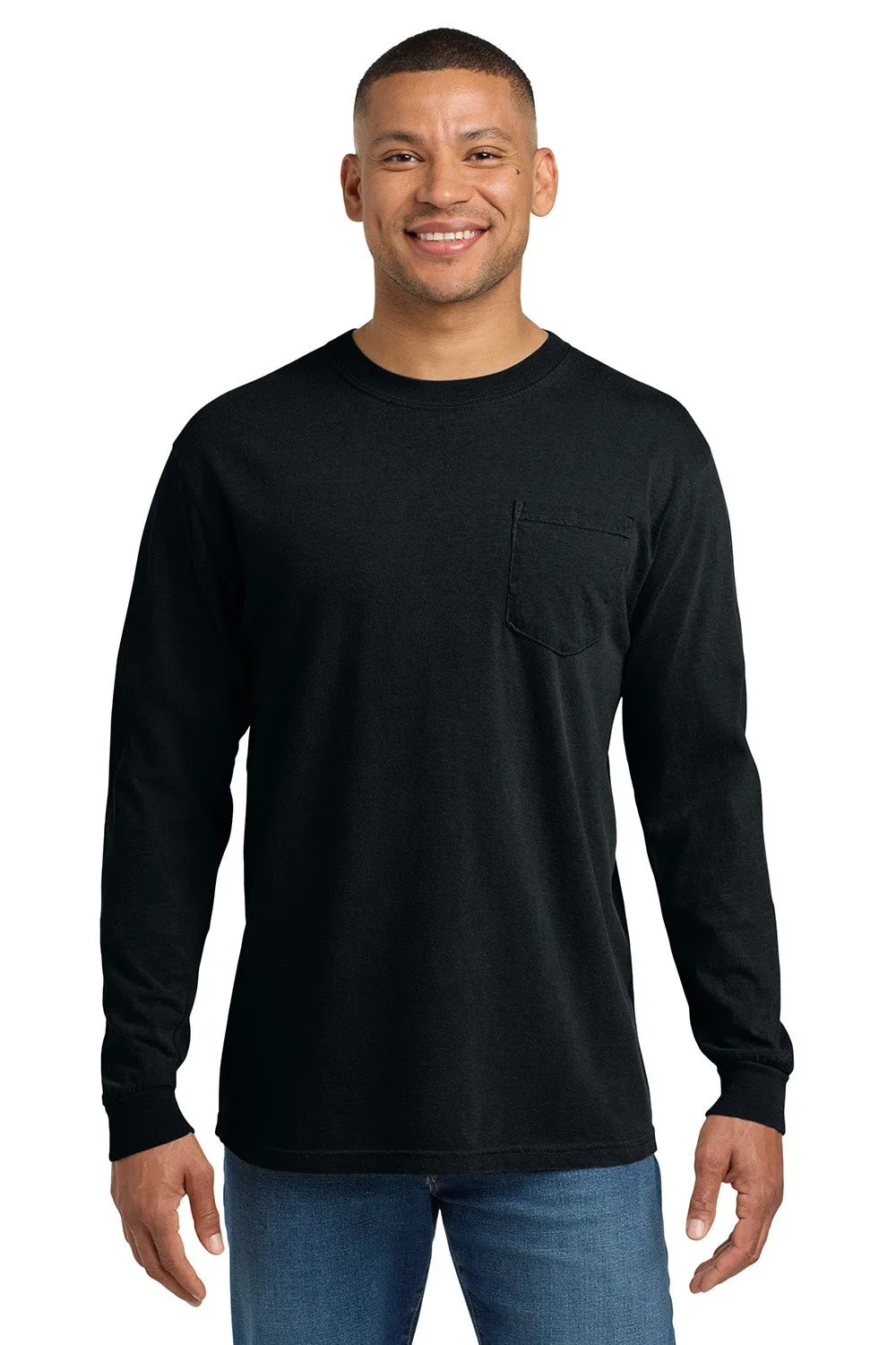 Comfort Colors Mens Long Sleeve Crewneck T-Shirt w/ Pocket - Black