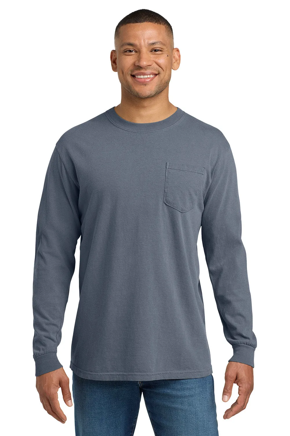Comfort Colors Mens Long Sleeve Crewneck T-Shirt w/ Pocket - Blue Jean