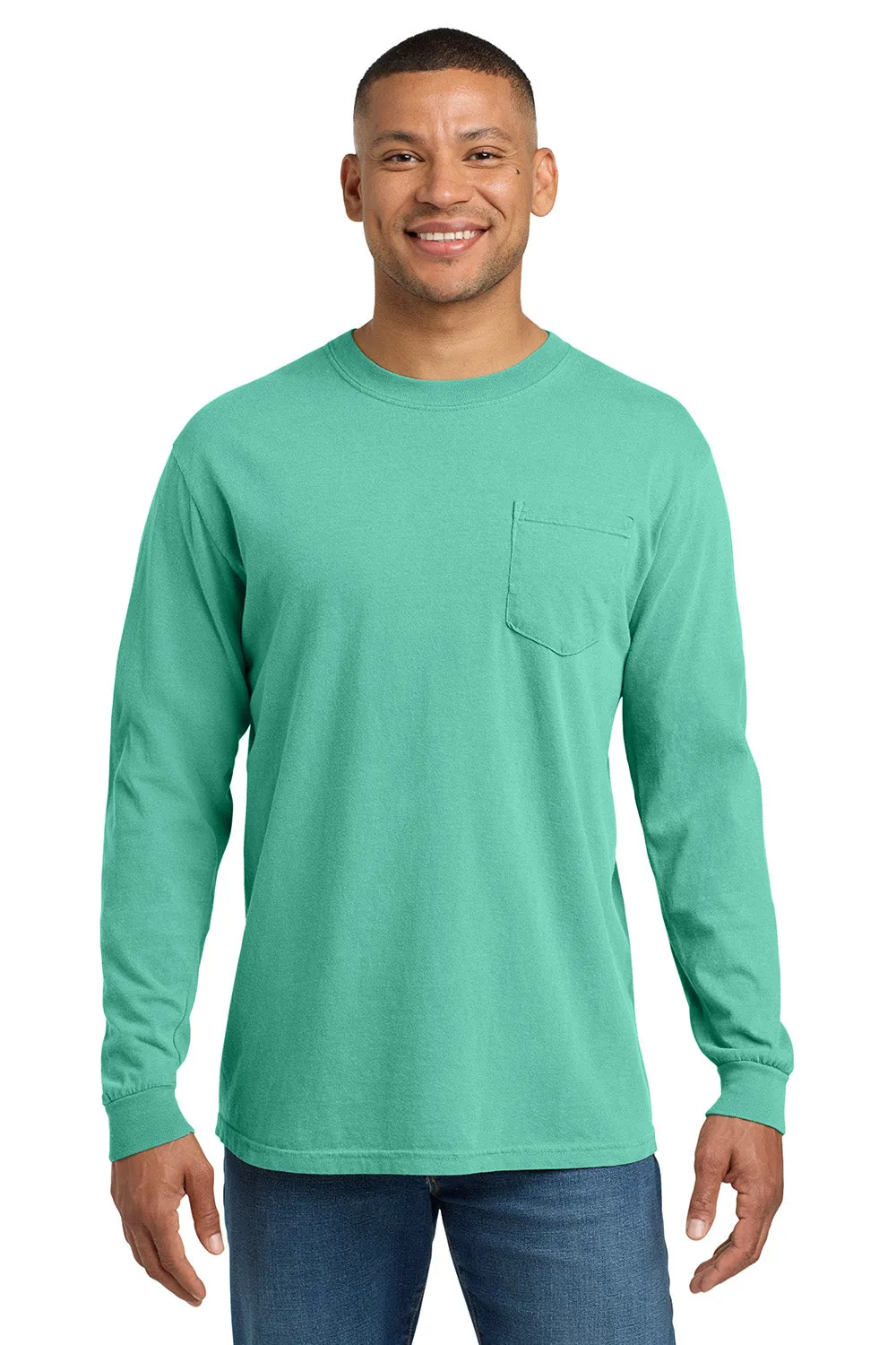 Comfort Colors Mens Long Sleeve Crewneck T-Shirt w/ Pocket - Chalky Mint Green