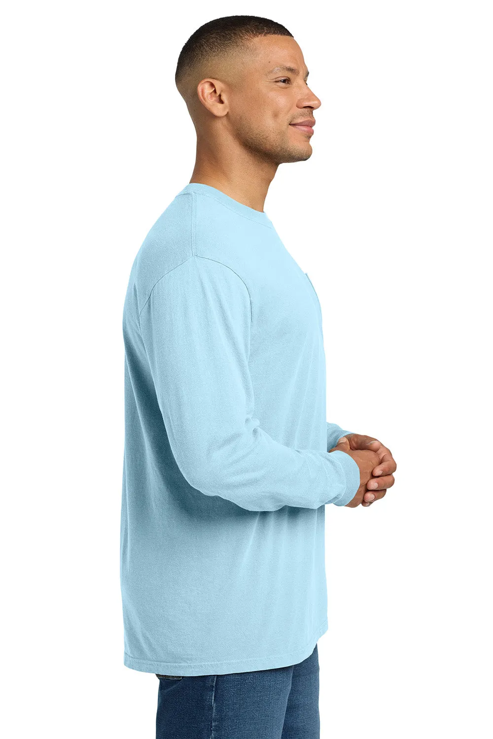 Comfort Colors Mens Long Sleeve Crewneck T-Shirt w/ Pocket - Chambray Blue