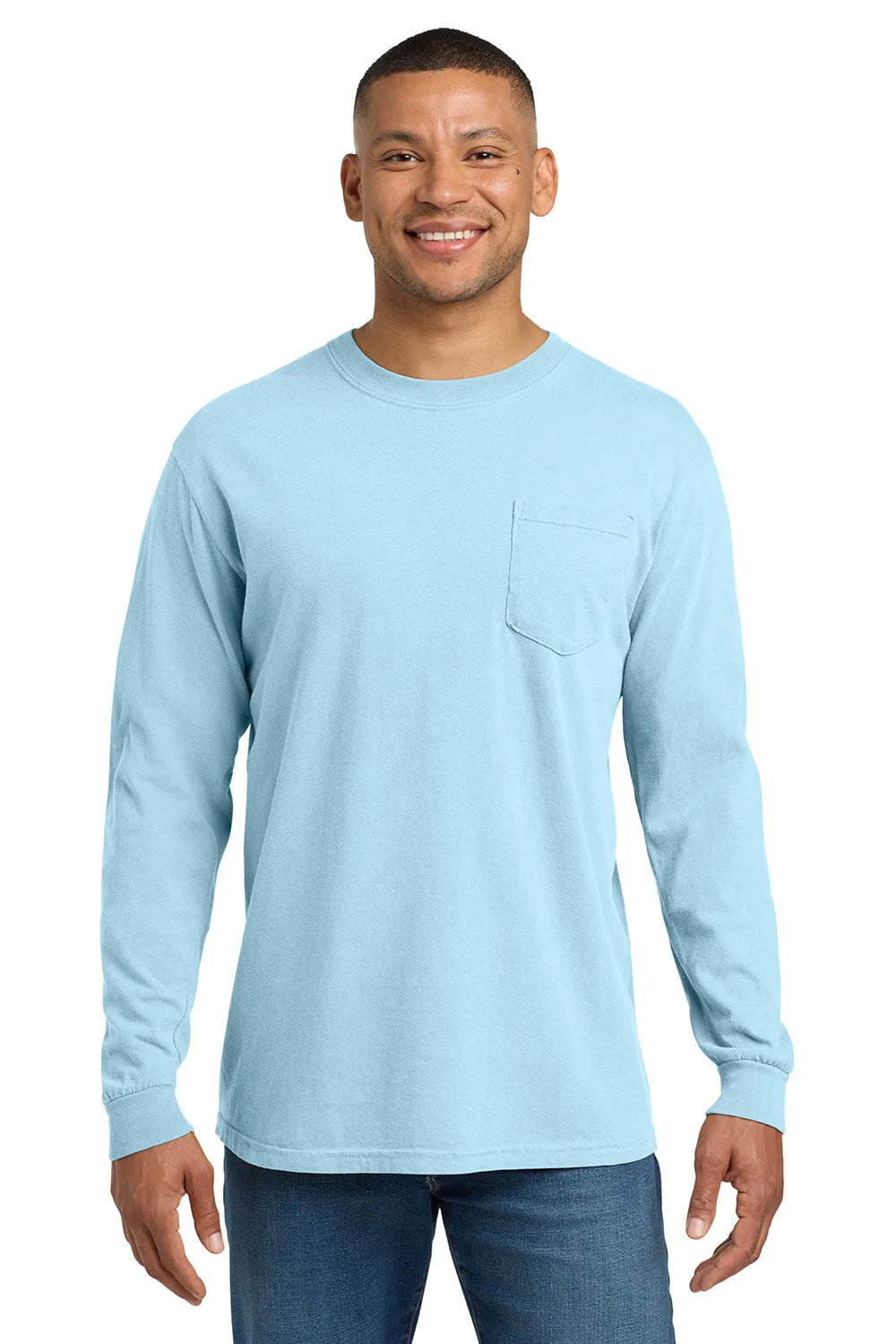 Comfort Colors Mens Long Sleeve Crewneck T-Shirt w/ Pocket - Chambray Blue