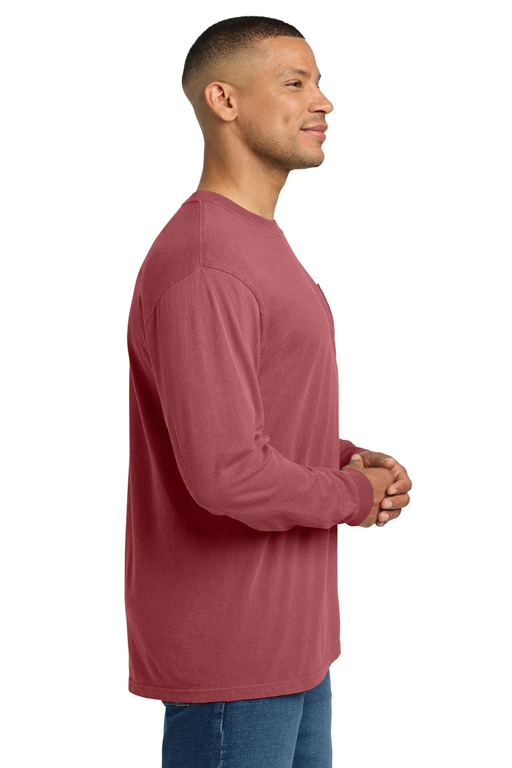 Comfort Colors Mens Long Sleeve Crewneck T-Shirt w/ Pocket - Crimson Red