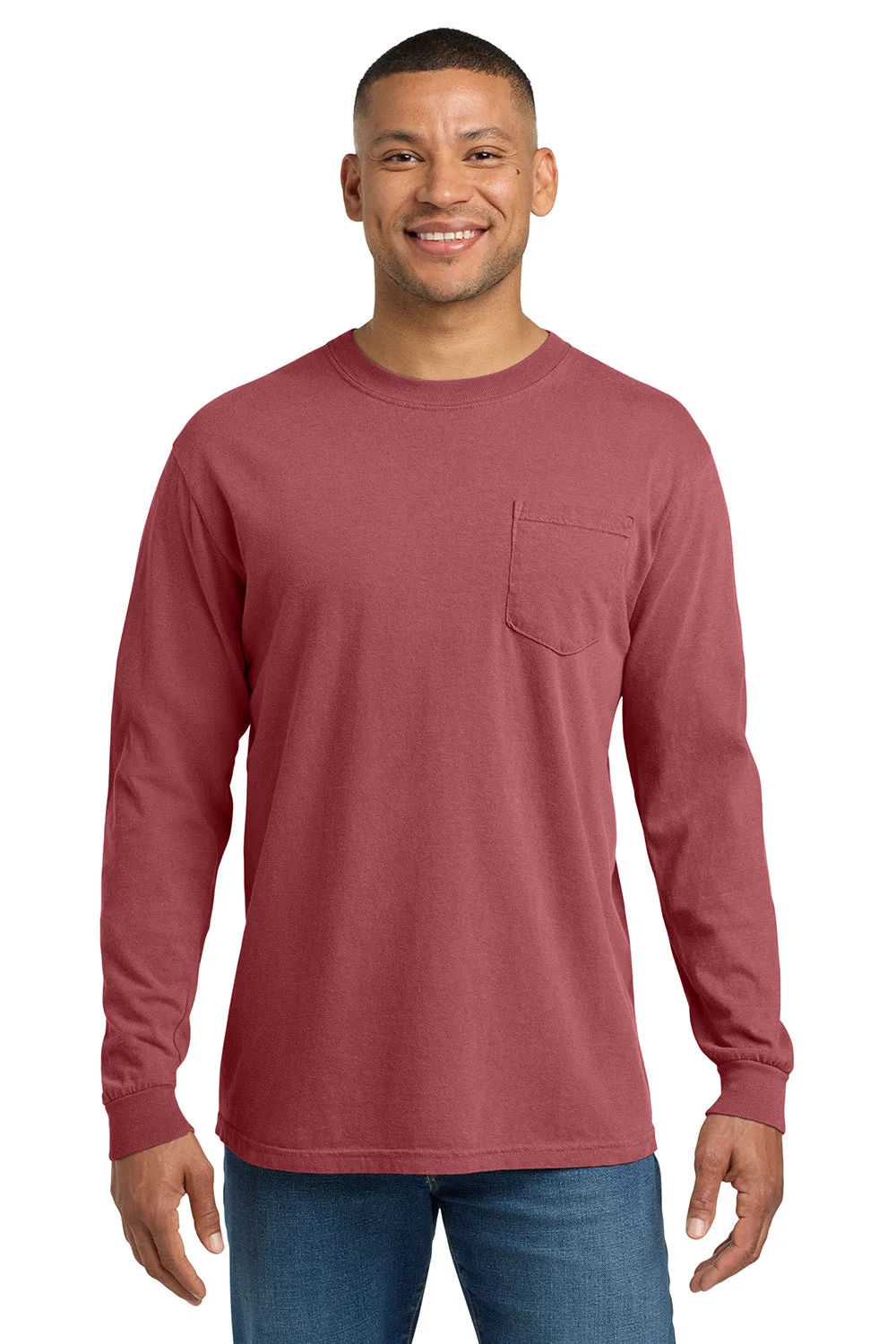 Comfort Colors Mens Long Sleeve Crewneck T-Shirt w/ Pocket - Crimson Red