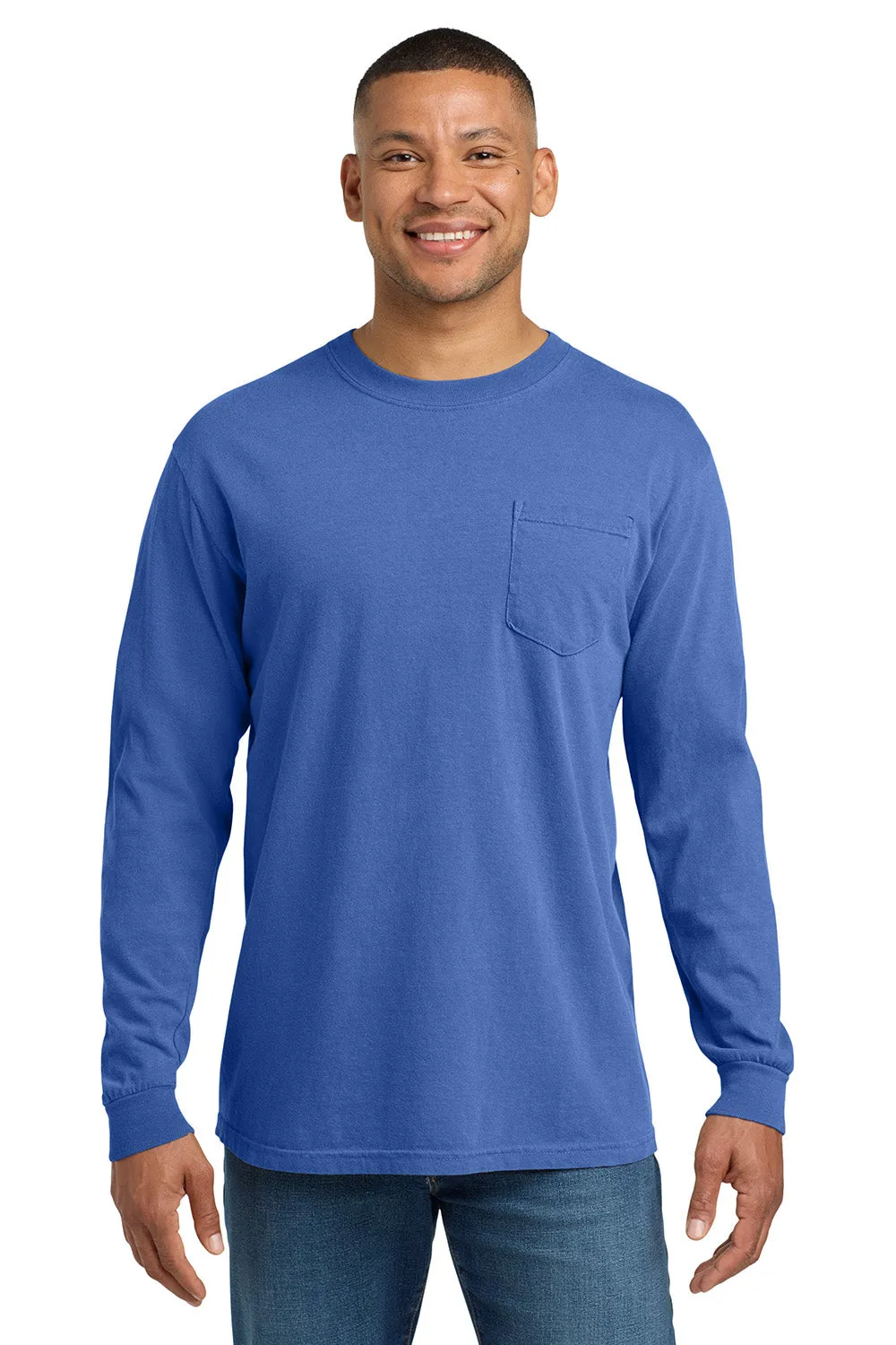 Comfort Colors Mens Long Sleeve Crewneck T-Shirt w/ Pocket - Flo Blue