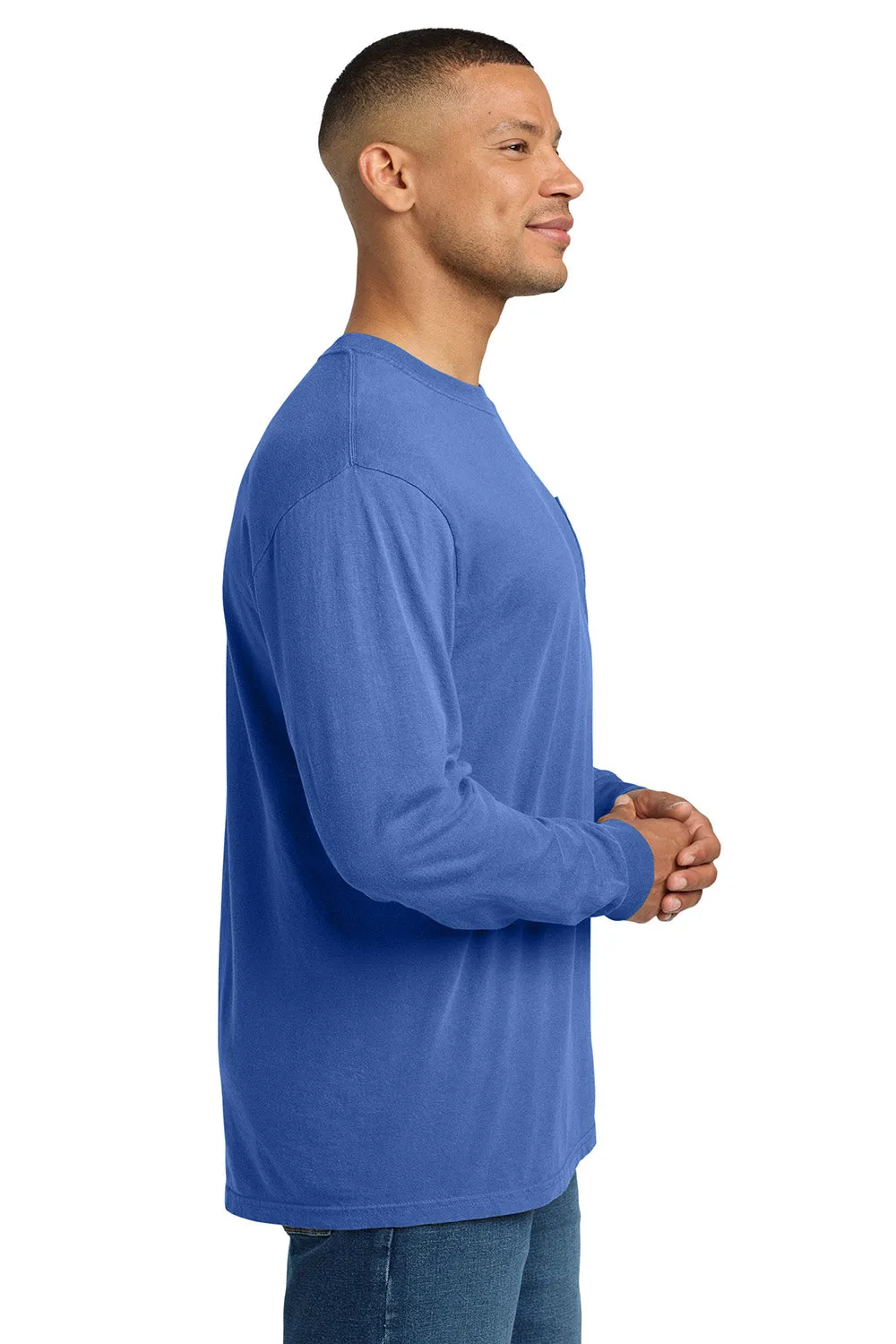 Comfort Colors Mens Long Sleeve Crewneck T-Shirt w/ Pocket - Flo Blue