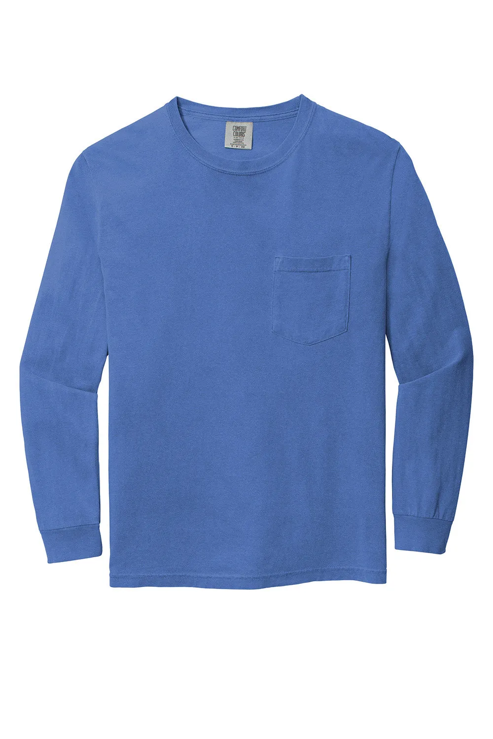 Comfort Colors Mens Long Sleeve Crewneck T-Shirt w/ Pocket - Flo Blue