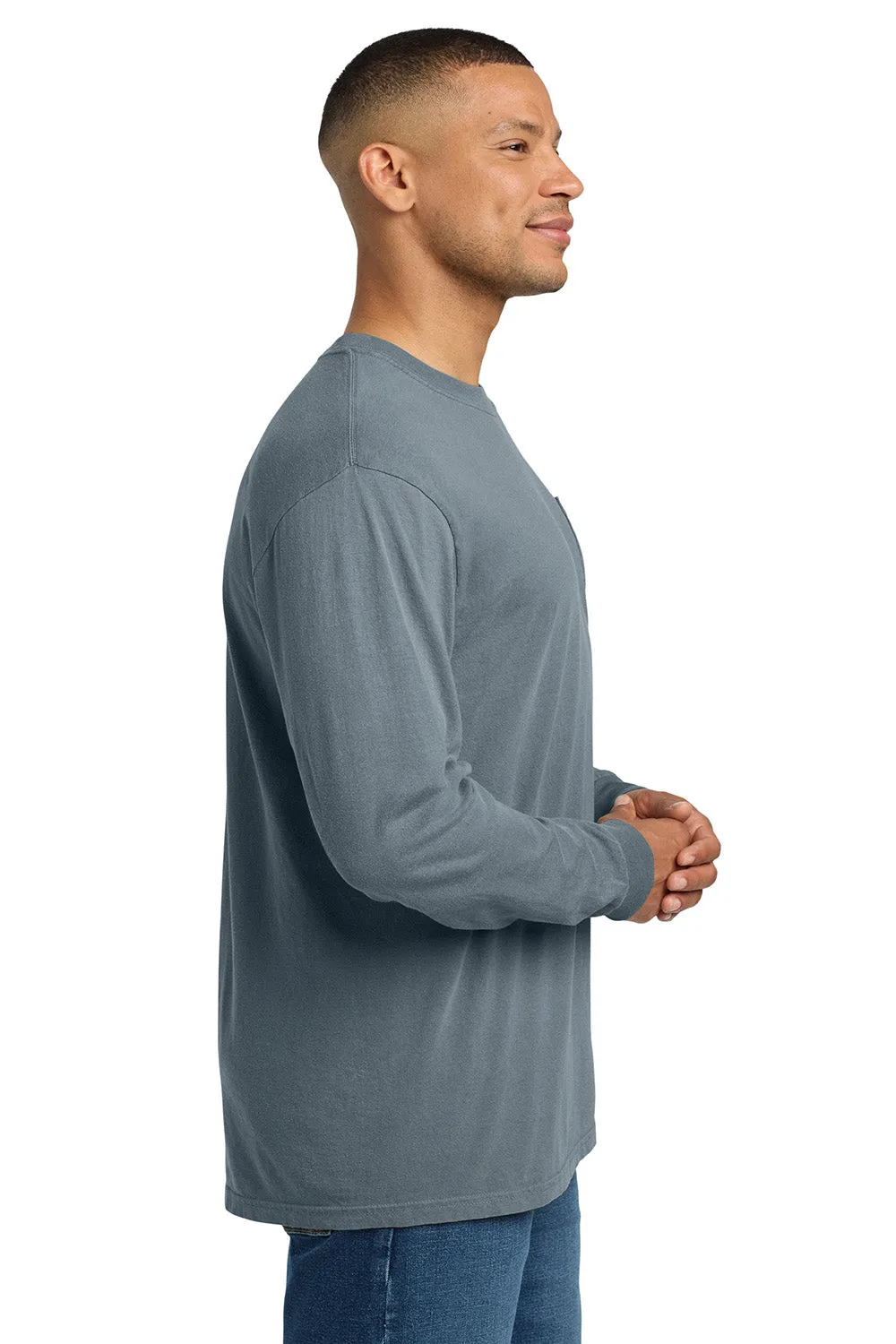 Comfort Colors Mens Long Sleeve Crewneck T-Shirt w/ Pocket - Granite Grey