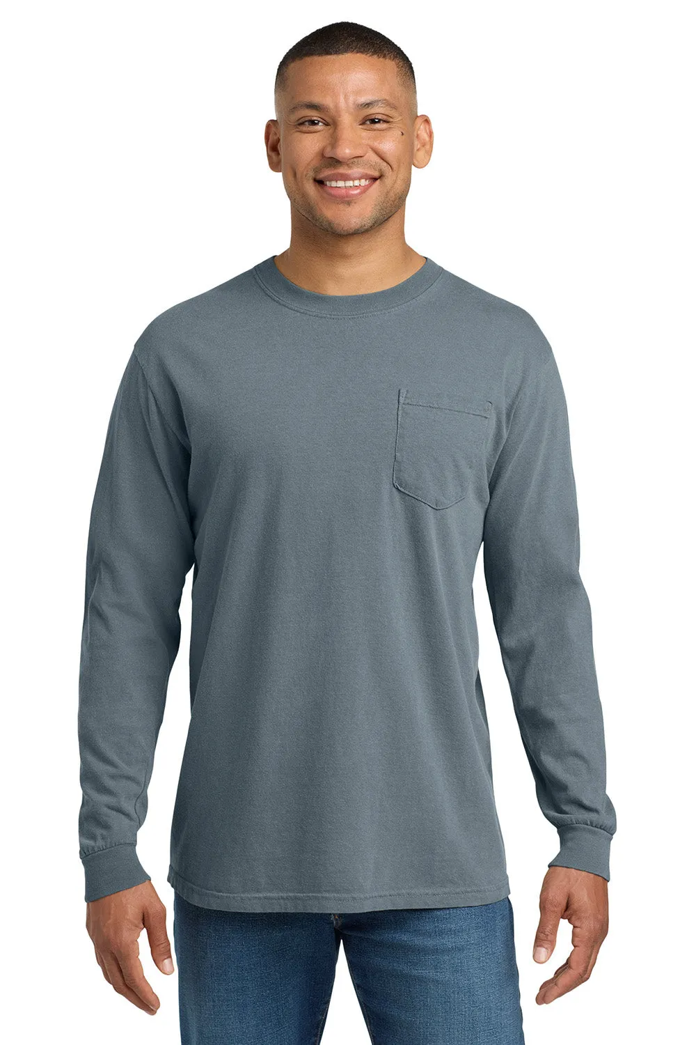 Comfort Colors Mens Long Sleeve Crewneck T-Shirt w/ Pocket - Granite Grey