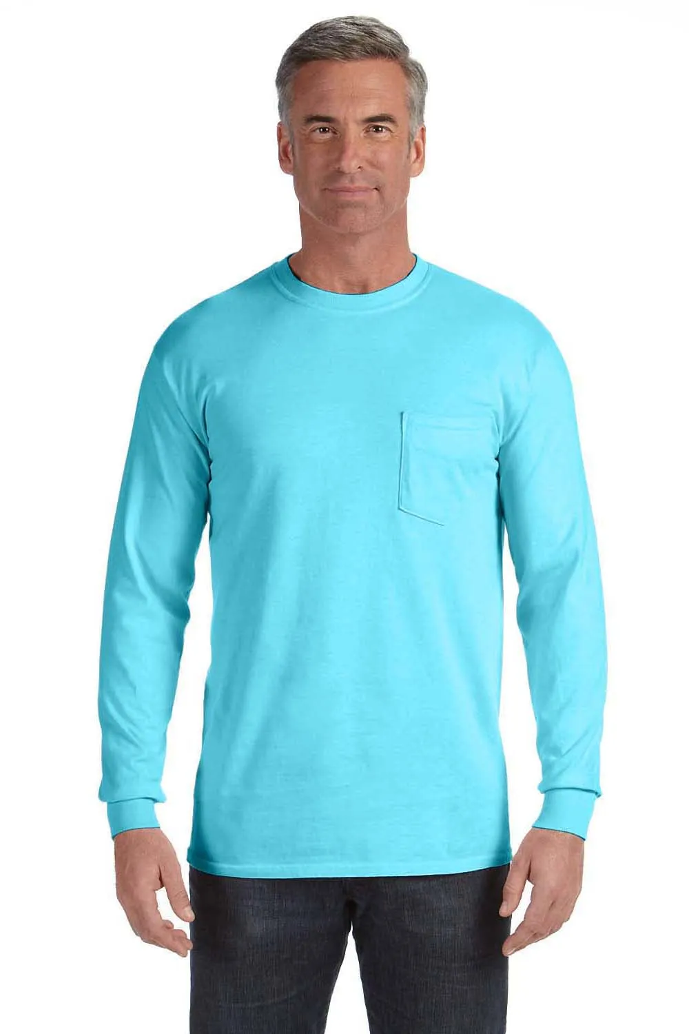 Comfort Colors Mens Long Sleeve Crewneck T-Shirt w/ Pocket - Lagoon Blue