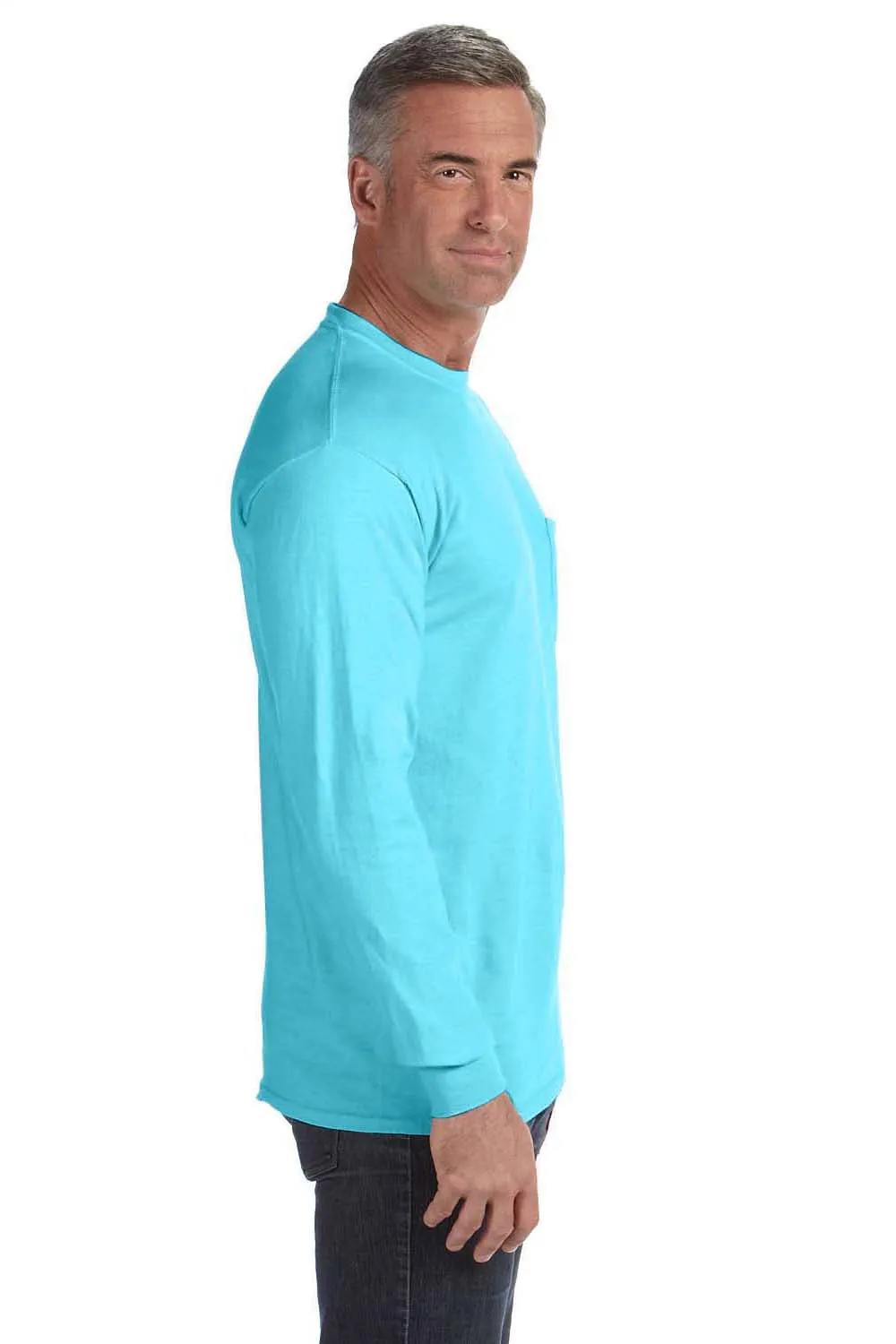 Comfort Colors Mens Long Sleeve Crewneck T-Shirt w/ Pocket - Lagoon Blue