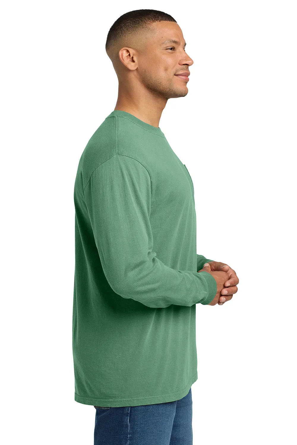 Comfort Colors Mens Long Sleeve Crewneck T-Shirt w/ Pocket - Light Green