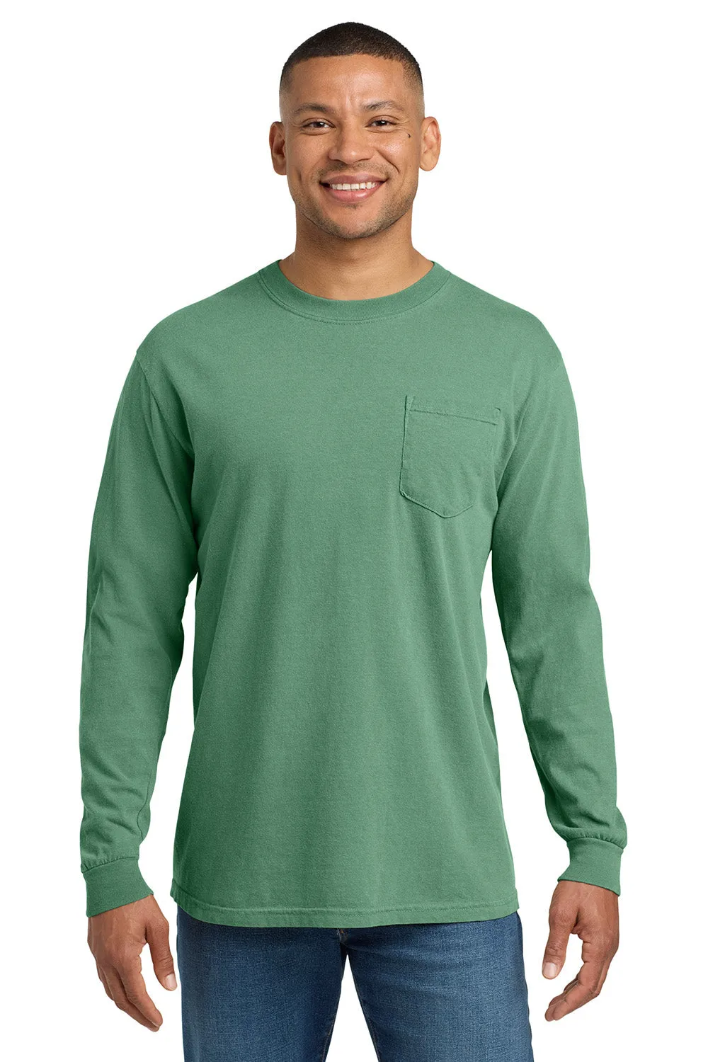 Comfort Colors Mens Long Sleeve Crewneck T-Shirt w/ Pocket - Light Green