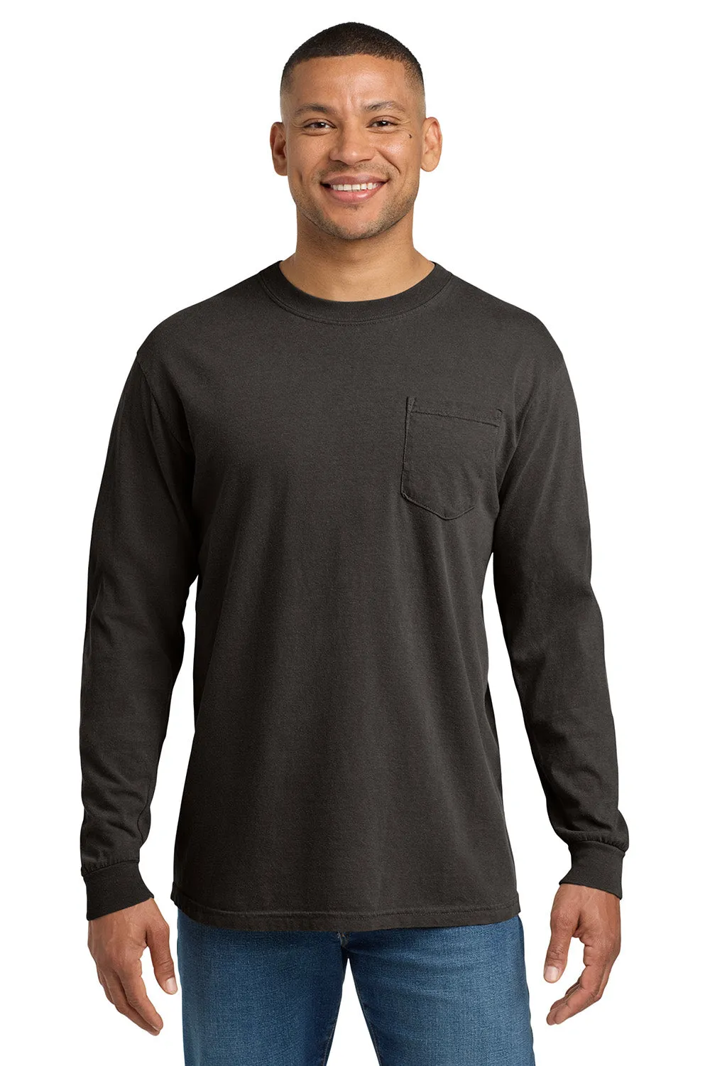 Comfort Colors Mens Long Sleeve Crewneck T-Shirt w/ Pocket - Pepper Grey