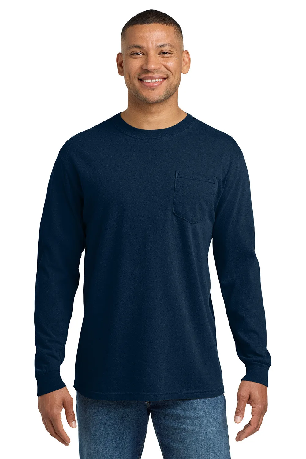 Comfort Colors Mens Long Sleeve Crewneck T-Shirt w/ Pocket - True Navy Blue