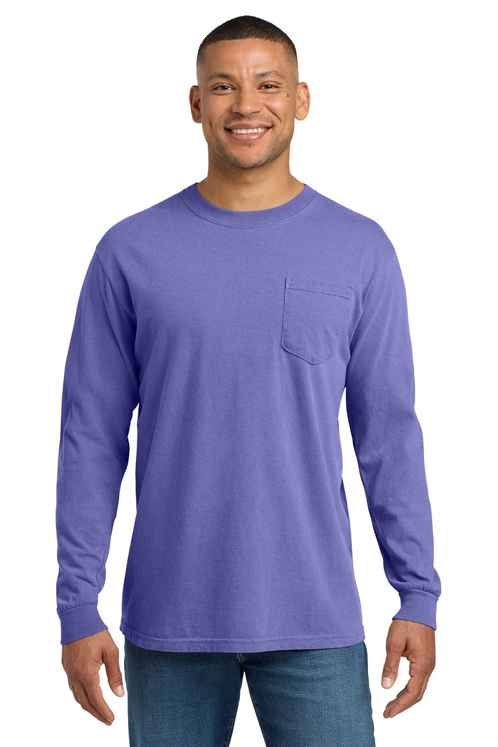 Comfort Colors Mens Long Sleeve Crewneck T-Shirt w/ Pocket - Violet Purple
