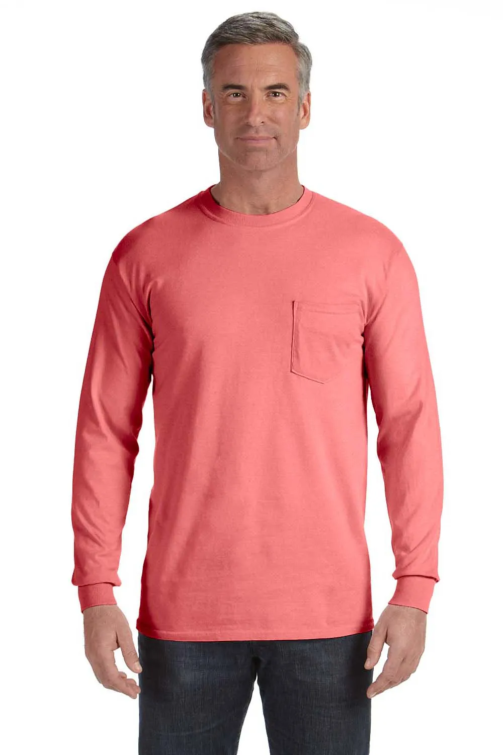 Comfort Colors Mens Long Sleeve Crewneck T-Shirt w/ Pocket - Watermelon Pink