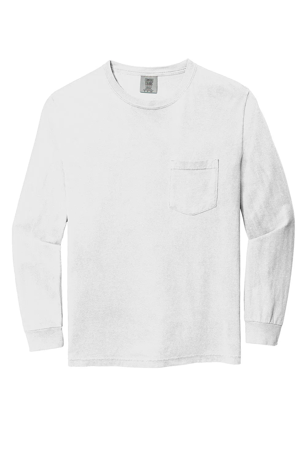 Comfort Colors Mens Long Sleeve Crewneck T-Shirt w/ Pocket - White