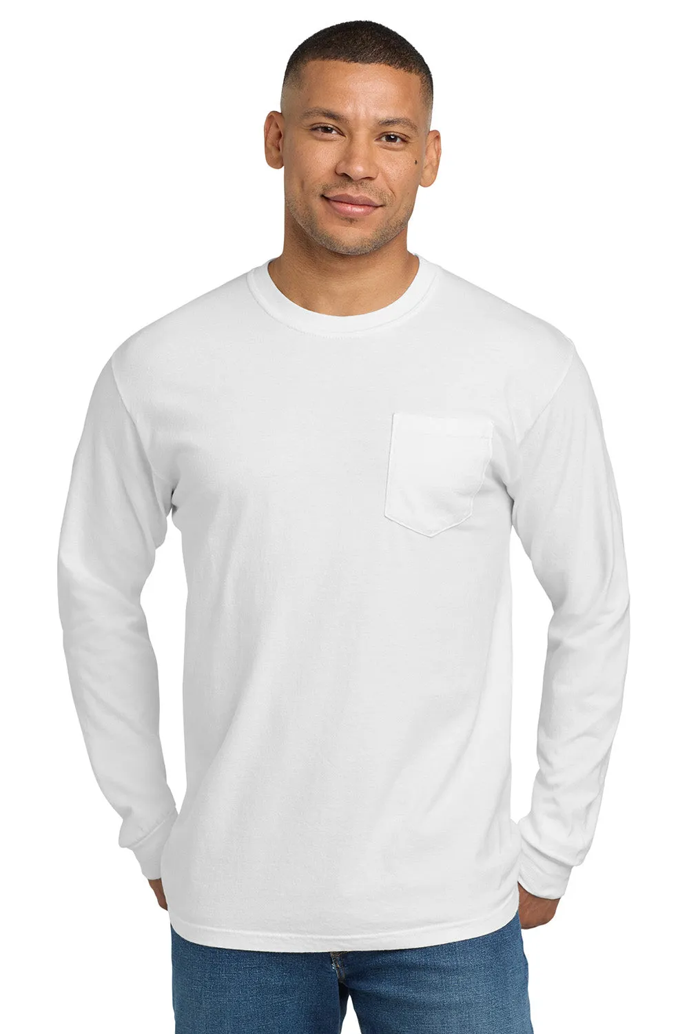 Comfort Colors Mens Long Sleeve Crewneck T-Shirt w/ Pocket - White
