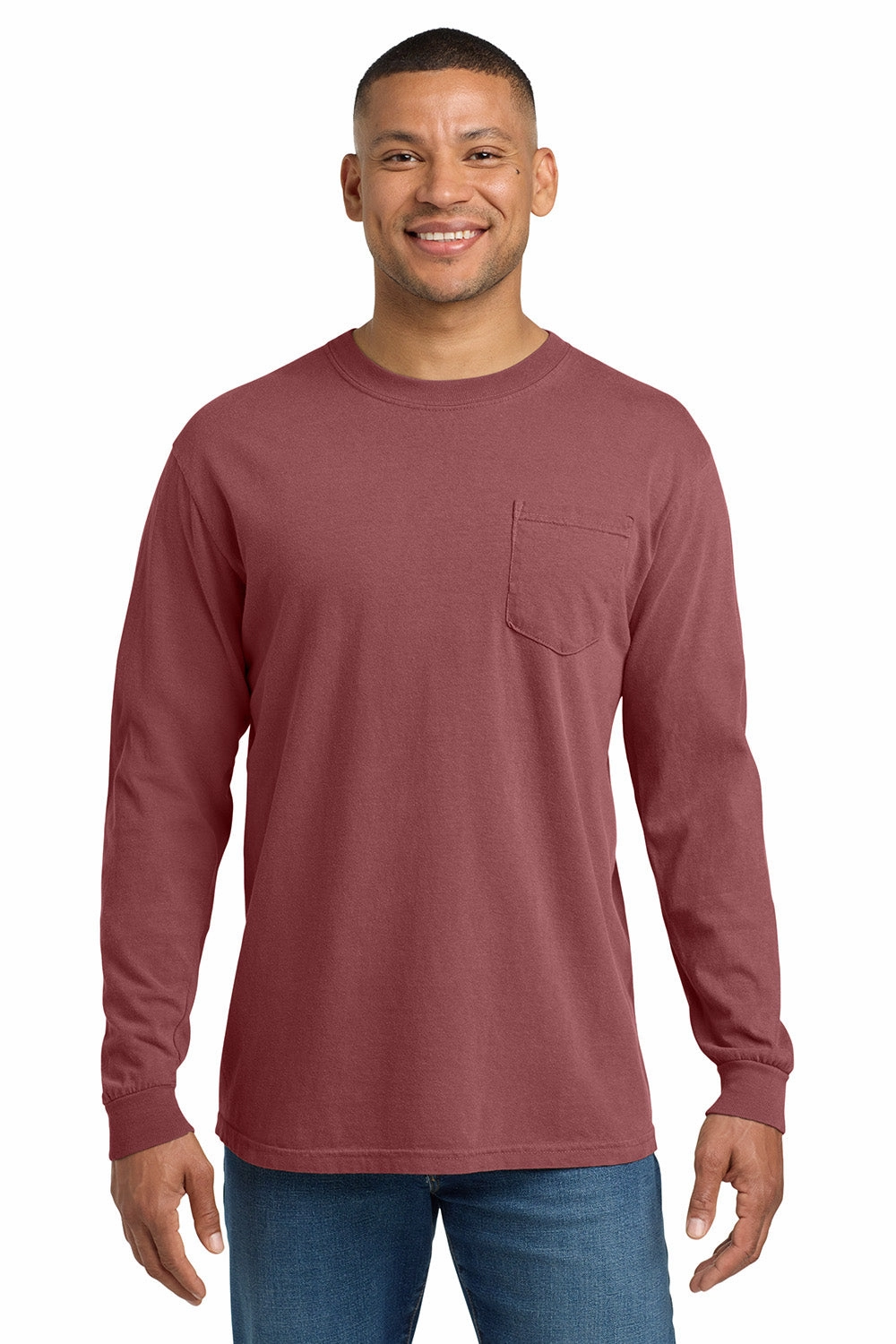 Comfort Colors Mens Long Sleeve Crewneck T-Shirt w/ Pocket - Brick Red