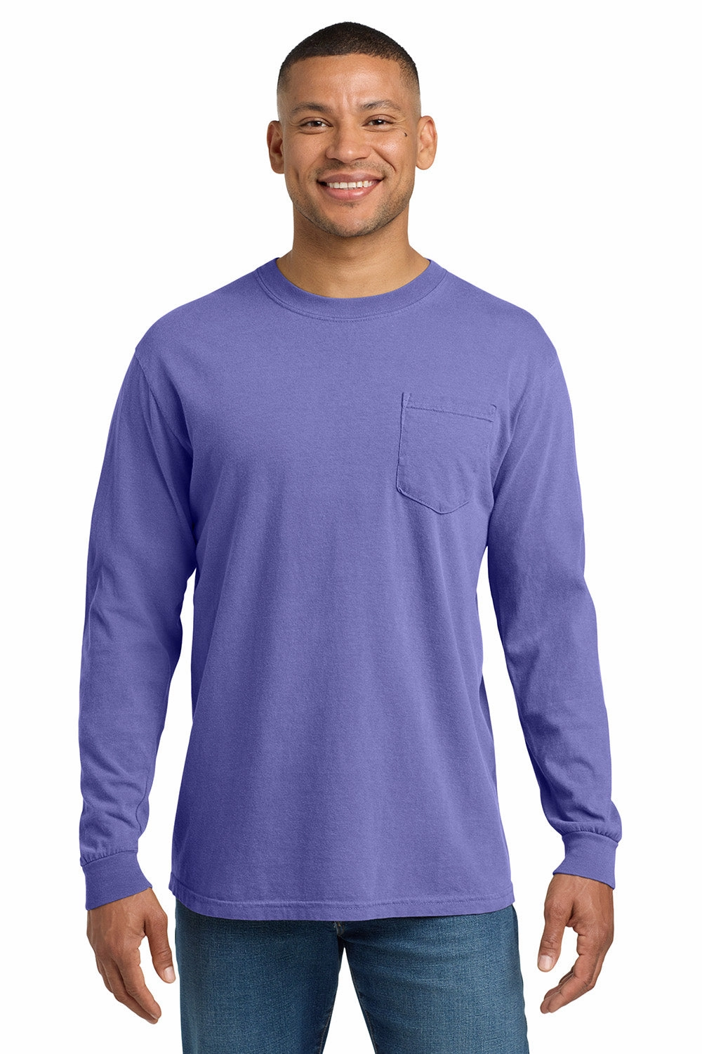 Comfort Colors Mens Long Sleeve Crewneck T-Shirt w/ Pocket - Violet Purple