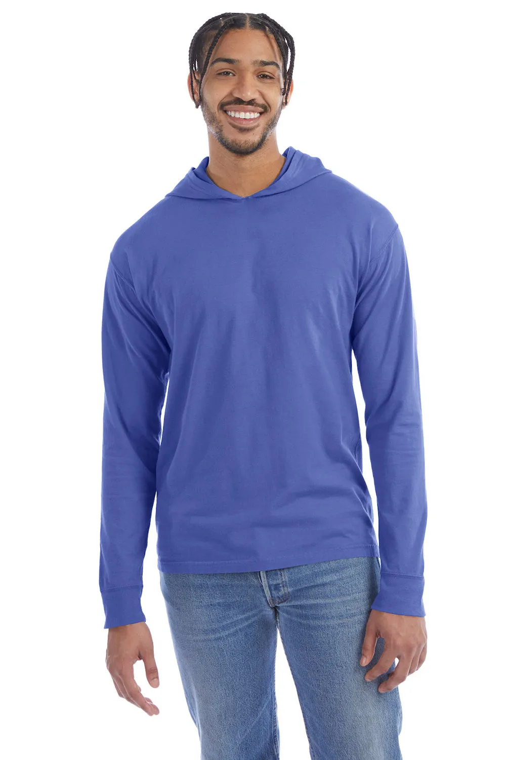 ComfortWash By Hanes Mens Jersey Long Sleeve Hooded T-Shirt Hoodie - Deep Forte Blue