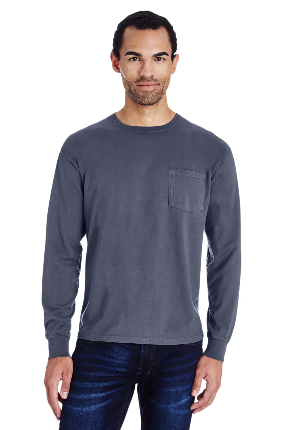 ComfortWash By Hanes Mens Long Sleeve Crewneck T-Shirt w/ Pocket - Anchor Slate Blue