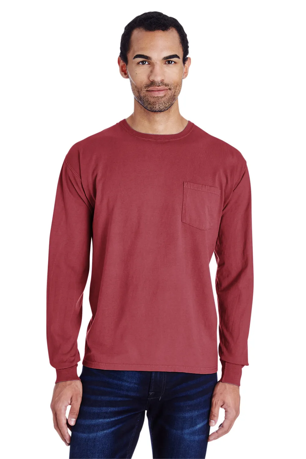 ComfortWash By Hanes Mens Long Sleeve Crewneck T-Shirt w/ Pocket - Cayenne Red