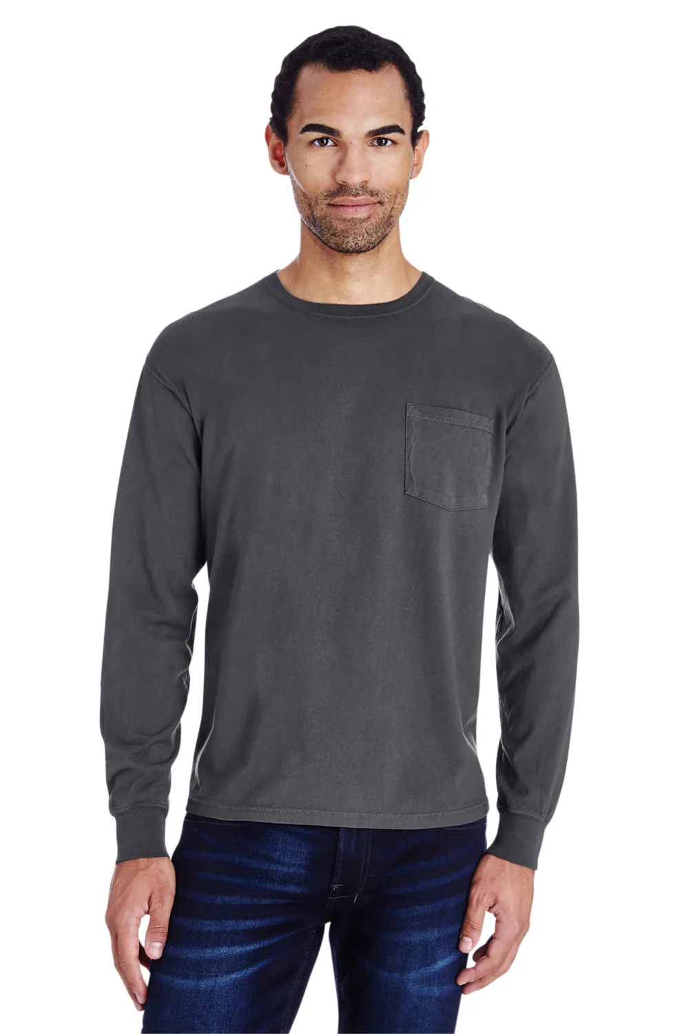 ComfortWash By Hanes Mens Long Sleeve Crewneck T-Shirt w/ Pocket - Railroad Grey