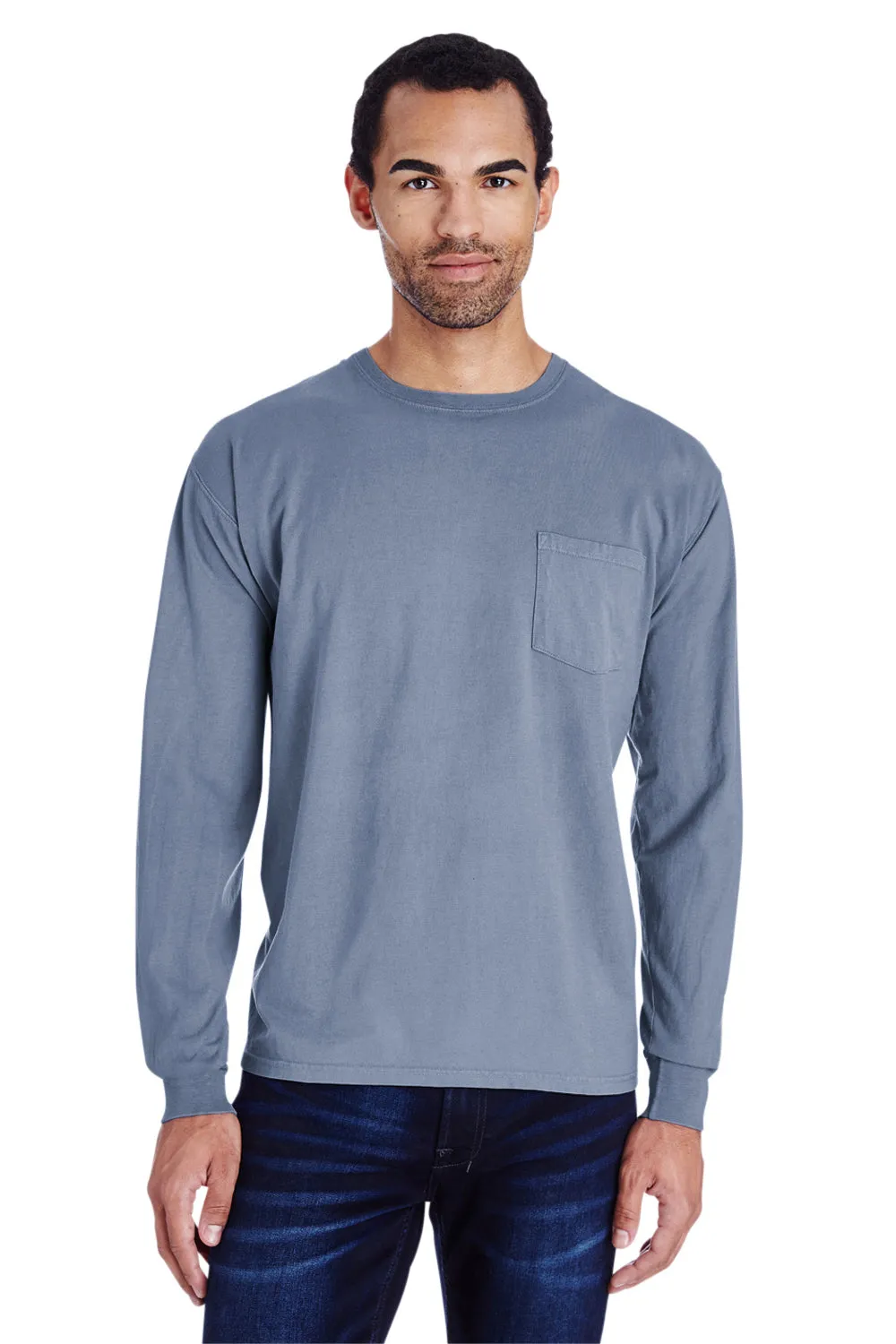 ComfortWash By Hanes Mens Long Sleeve Crewneck T-Shirt w/ Pocket - Saltwater Blue