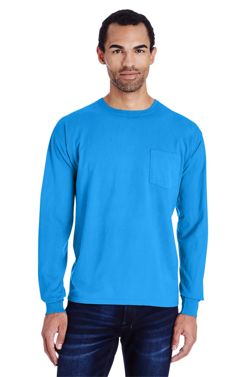 ComfortWash By Hanes Mens Long Sleeve Crewneck T-Shirt w/ Pocket - Summer Sky Blue - Closeout
