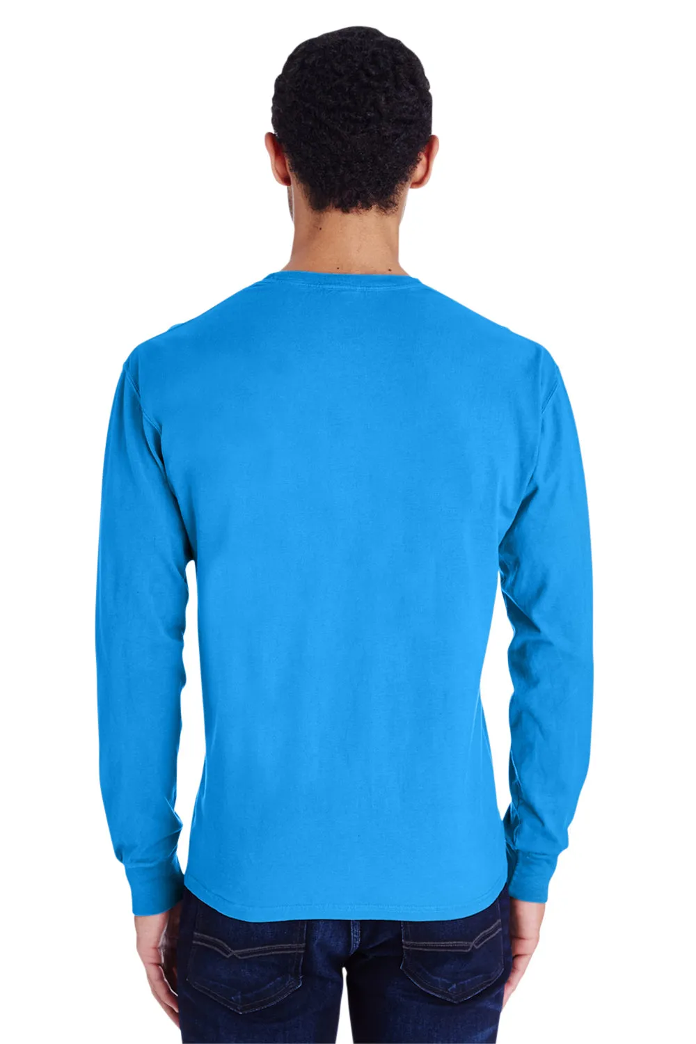 ComfortWash By Hanes Mens Long Sleeve Crewneck T-Shirt w/ Pocket - Summer Sky Blue - Closeout