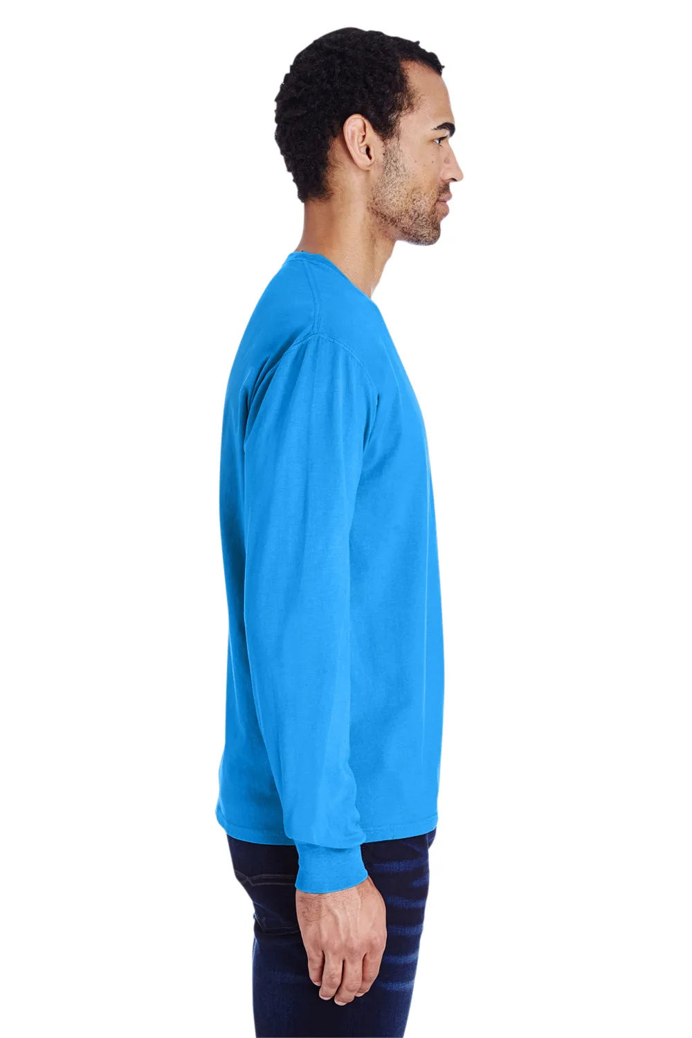 ComfortWash By Hanes Mens Long Sleeve Crewneck T-Shirt w/ Pocket - Summer Sky Blue - Closeout