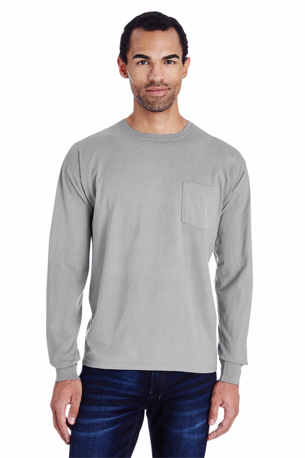 ComfortWash By Hanes Mens Long Sleeve Crewneck T-Shirt w/ Pocket - Concrete Grey