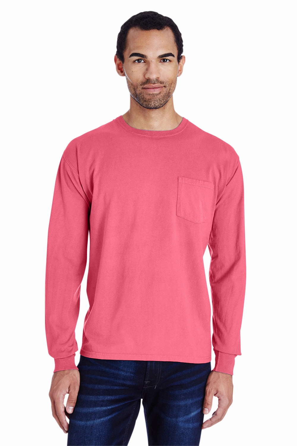ComfortWash By Hanes Mens Long Sleeve Crewneck T-Shirt w/ Pocket - Crimson Fall