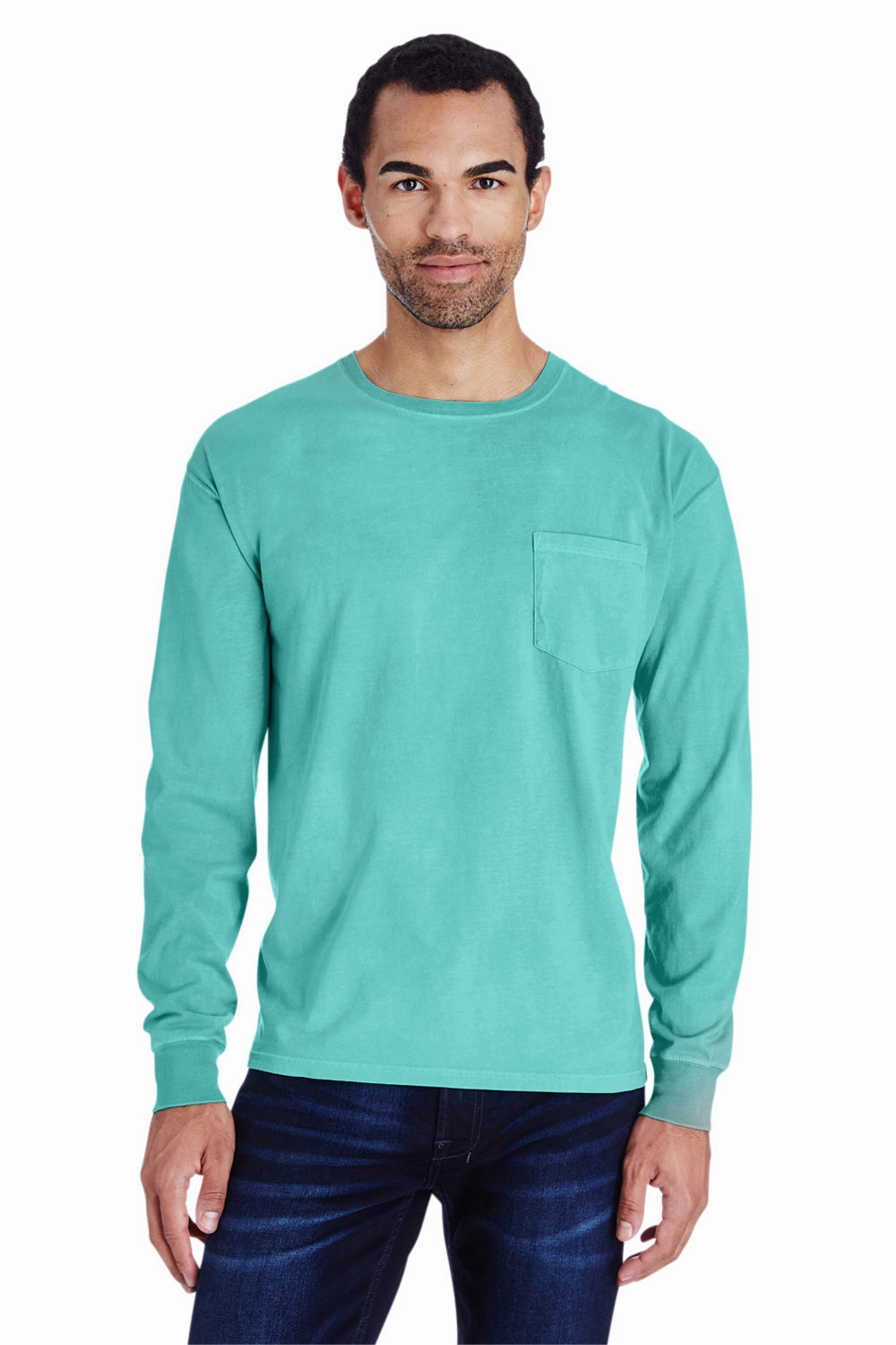 ComfortWash By Hanes Mens Long Sleeve Crewneck T-Shirt w/ Pocket - Mint Green - Closeout