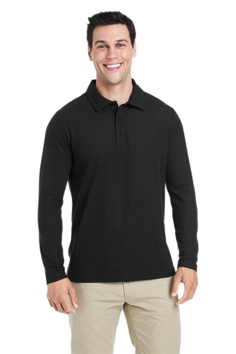 Core 365 Mens Fusion ChromaSoft Performance Moisture Wicking Long Sleeve Polo Shirt - Black