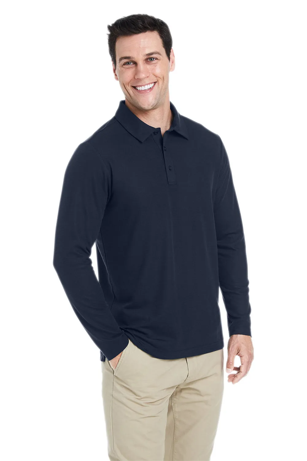 Core 365 Mens Fusion ChromaSoft Performance Moisture Wicking Long Sleeve Polo Shirt - Classic Navy Blue