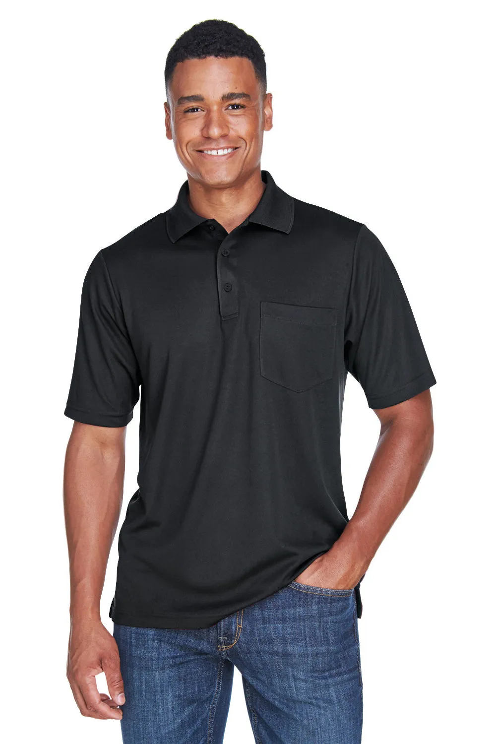 Core 365 Mens Origin Performance Moisture Wicking Short Sleeve Polo Shirt w/ Pocket - Black