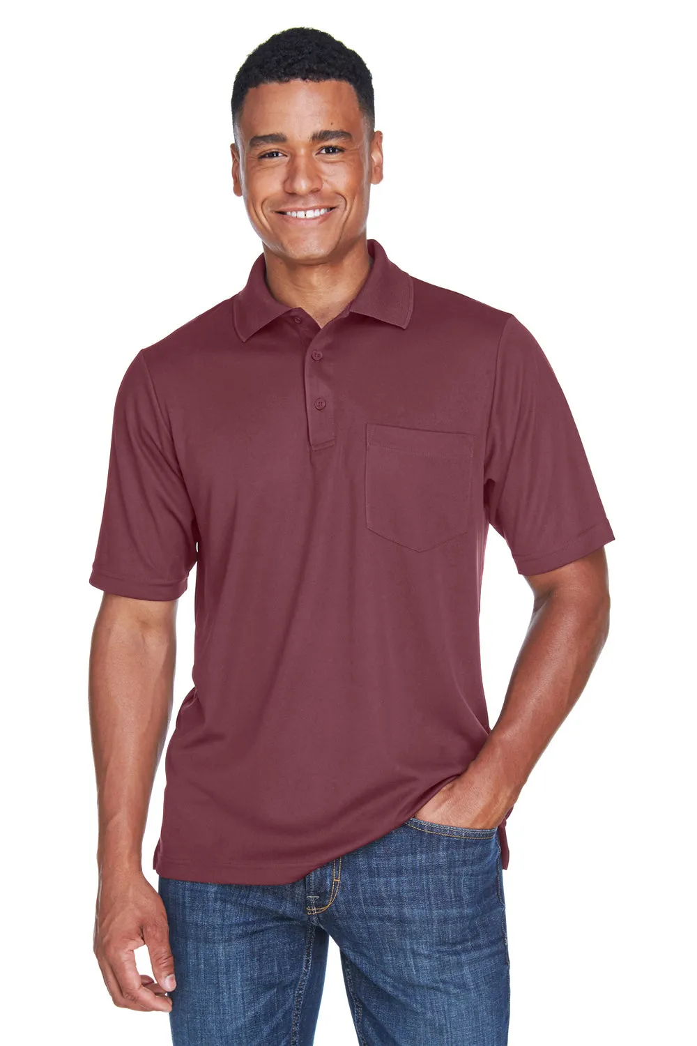 Core 365 Mens Origin Performance Moisture Wicking Short Sleeve Polo Shirt w/ Pocket - Burgundy