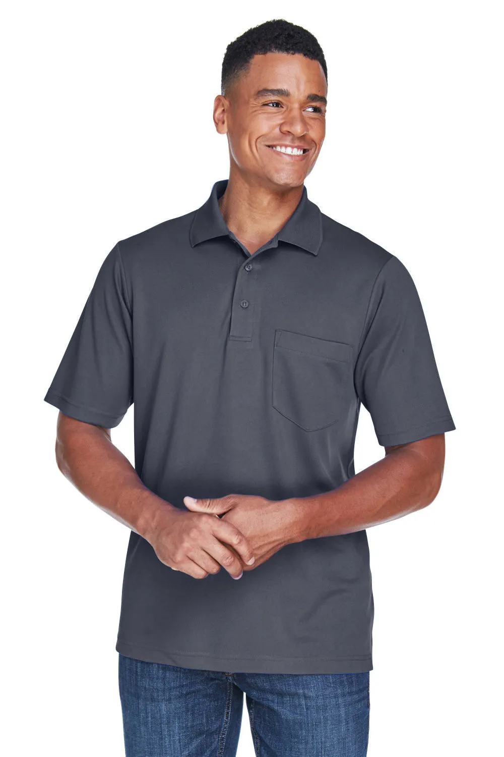 Core 365 Mens Origin Performance Moisture Wicking Short Sleeve Polo Shirt w/ Pocket - Carbon Grey