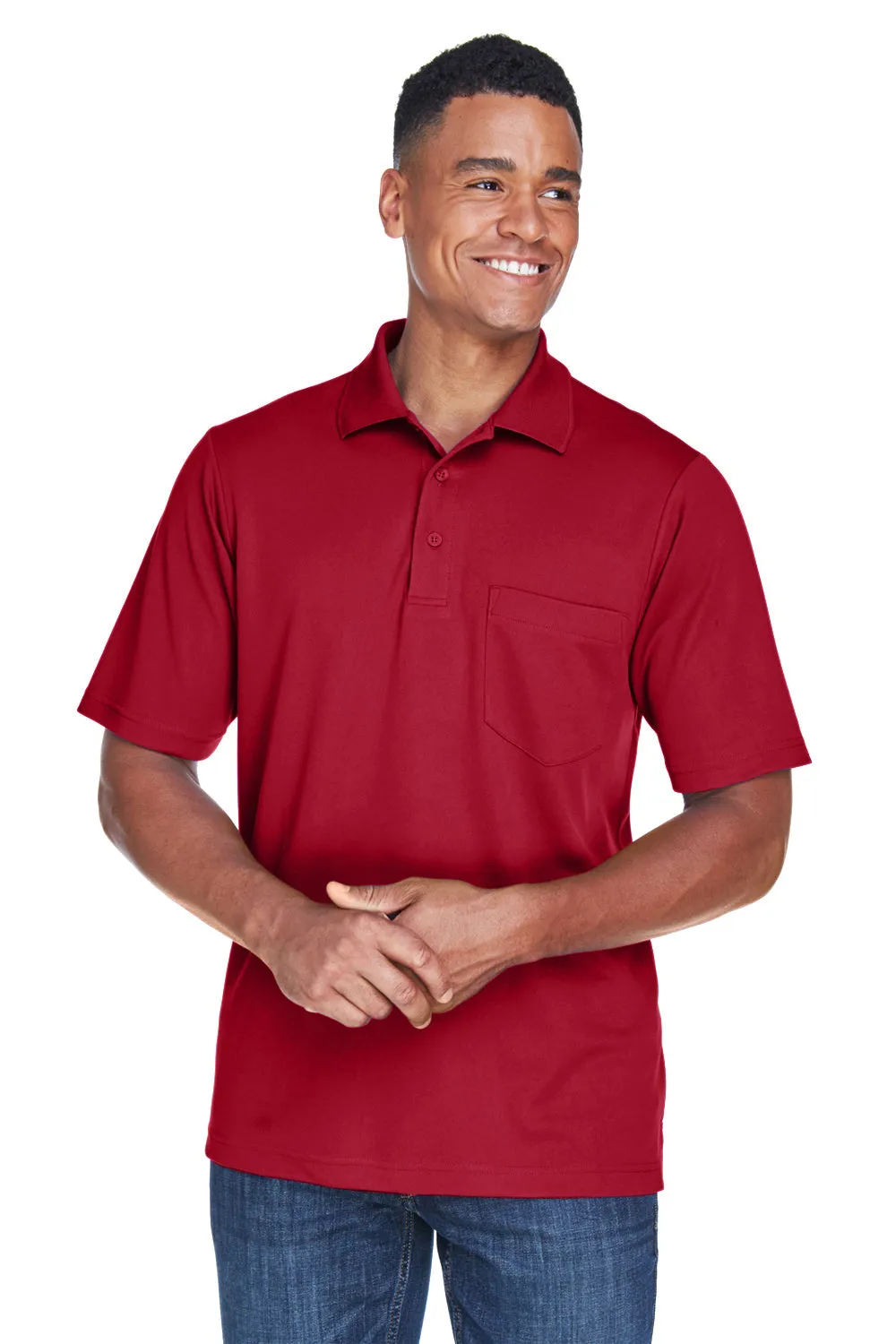 Core 365 Mens Origin Performance Moisture Wicking Short Sleeve Polo Shirt w/ Pocket - Classic Red