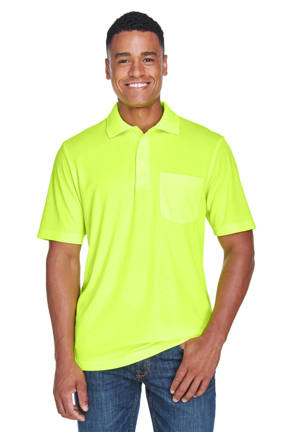 Core 365 Mens Origin Performance Moisture Wicking Short Sleeve Polo Shirt w/ Pocket - Safety Yellow