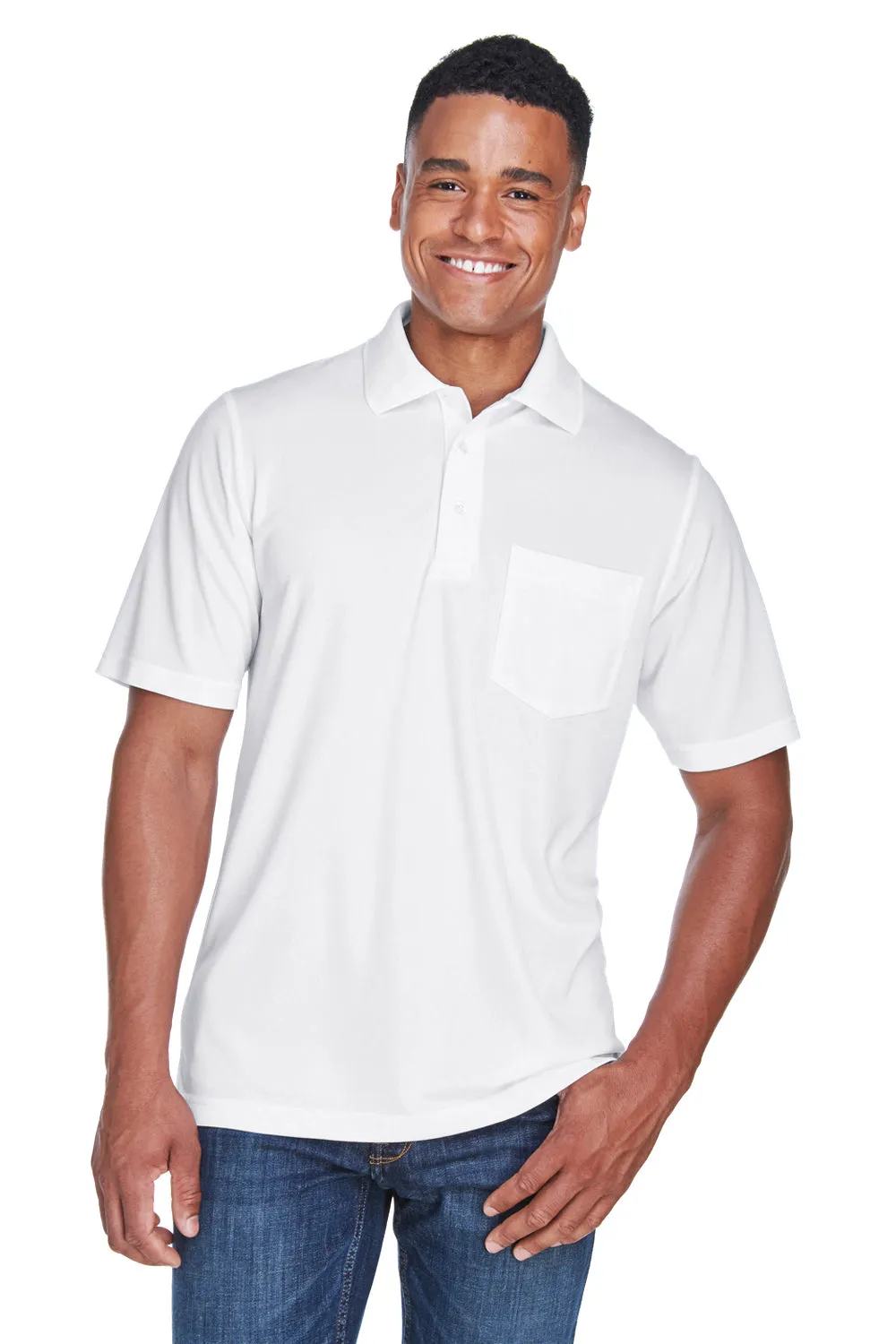 Core 365 Mens Origin Performance Moisture Wicking Short Sleeve Polo Shirt w/ Pocket - White