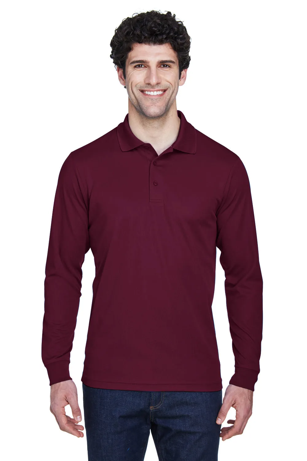 Core 365 Mens Pinnacle Performance Moisture Wicking Long Sleeve Polo Shirt - Burgundy
