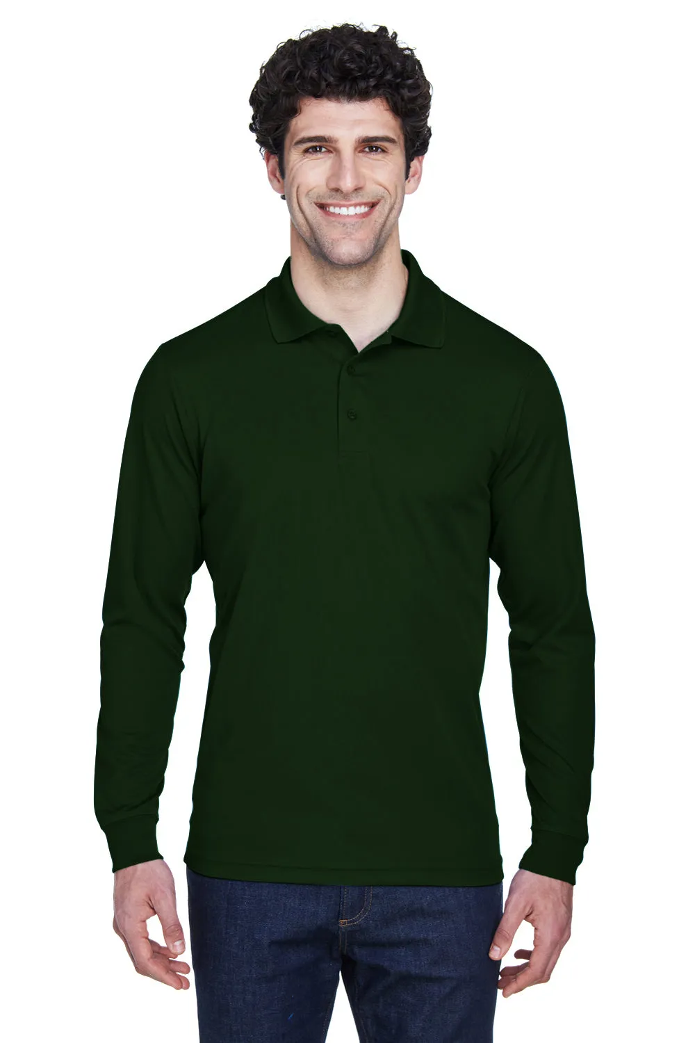 Core 365 Mens Pinnacle Performance Moisture Wicking Long Sleeve Polo Shirt - Forest Green
