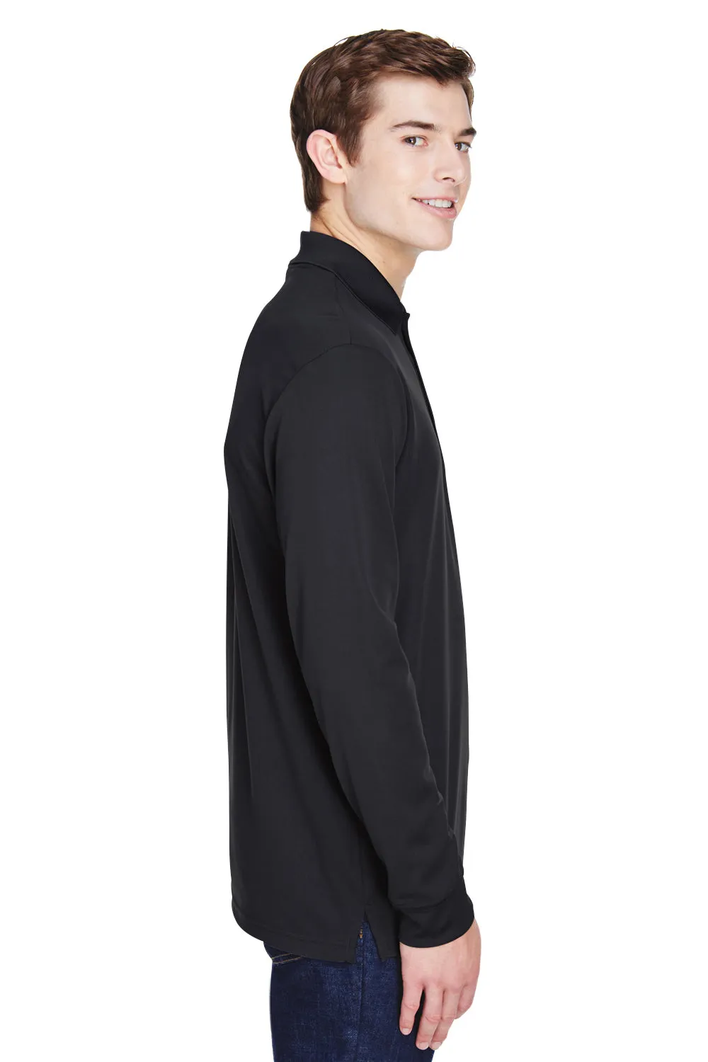 Core 365 Mens Pinnacle Performance Moisture Wicking Long Sleeve Polo Shirt w/ Pocket - Black