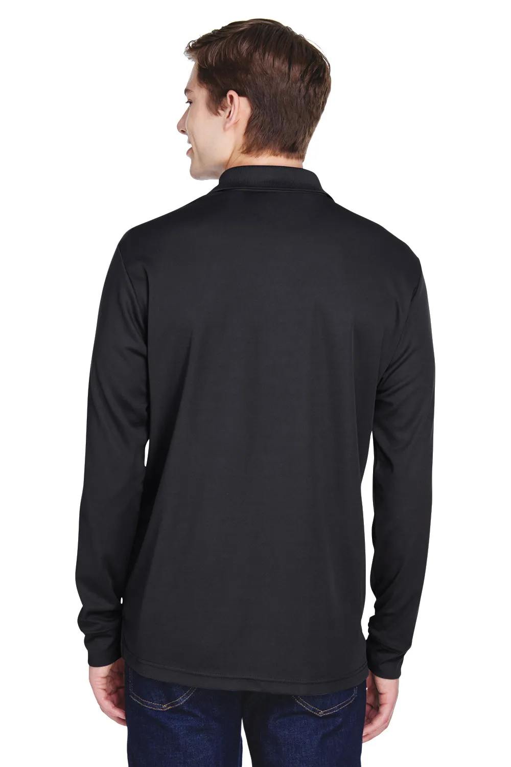 Core 365 Mens Pinnacle Performance Moisture Wicking Long Sleeve Polo Shirt w/ Pocket - Black
