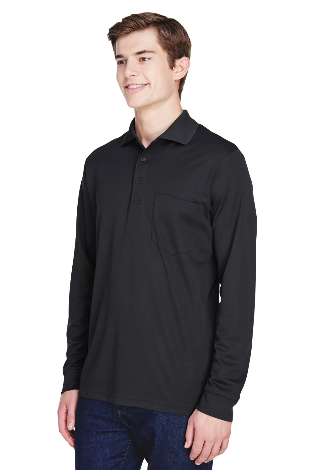 Core 365 Mens Pinnacle Performance Moisture Wicking Long Sleeve Polo Shirt w/ Pocket - Black