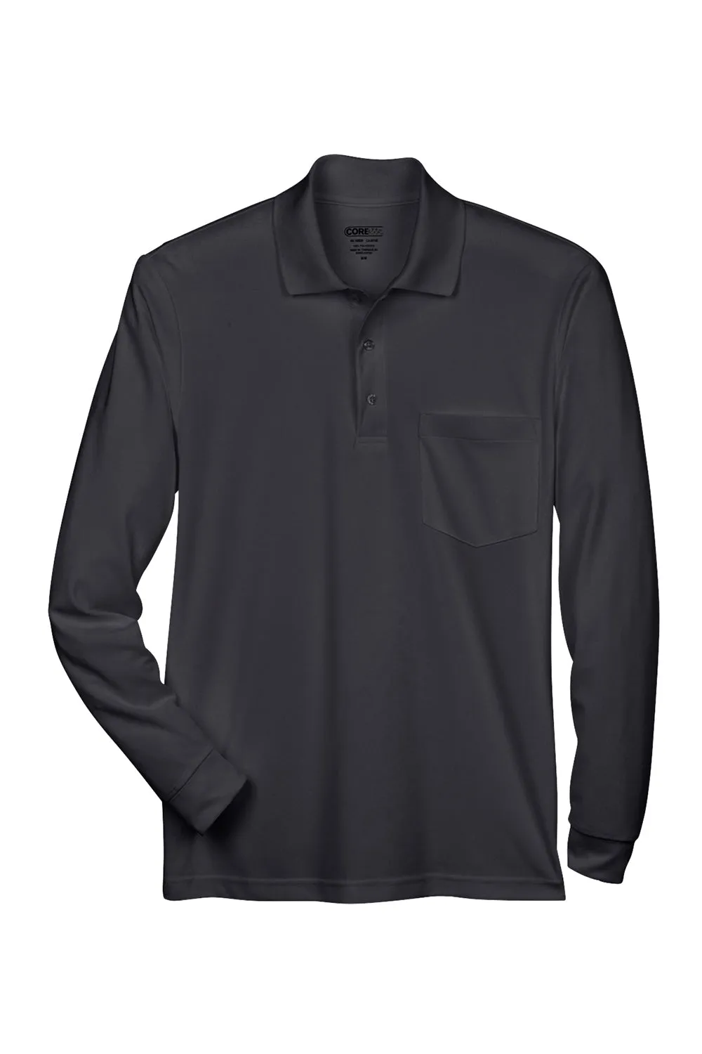 Core 365 Mens Pinnacle Performance Moisture Wicking Long Sleeve Polo Shirt w/ Pocket - Black