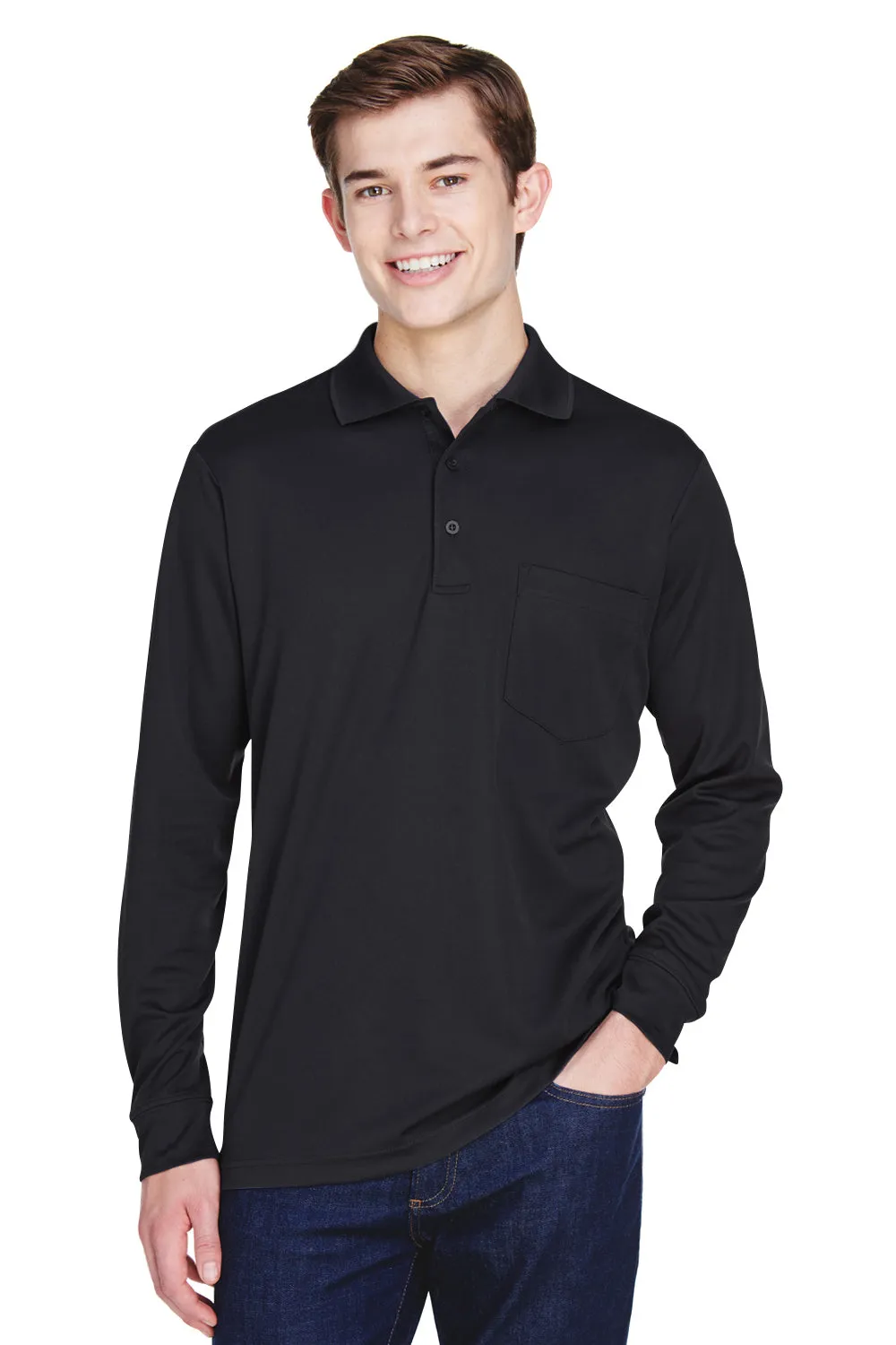 Core 365 Mens Pinnacle Performance Moisture Wicking Long Sleeve Polo Shirt w/ Pocket - Black